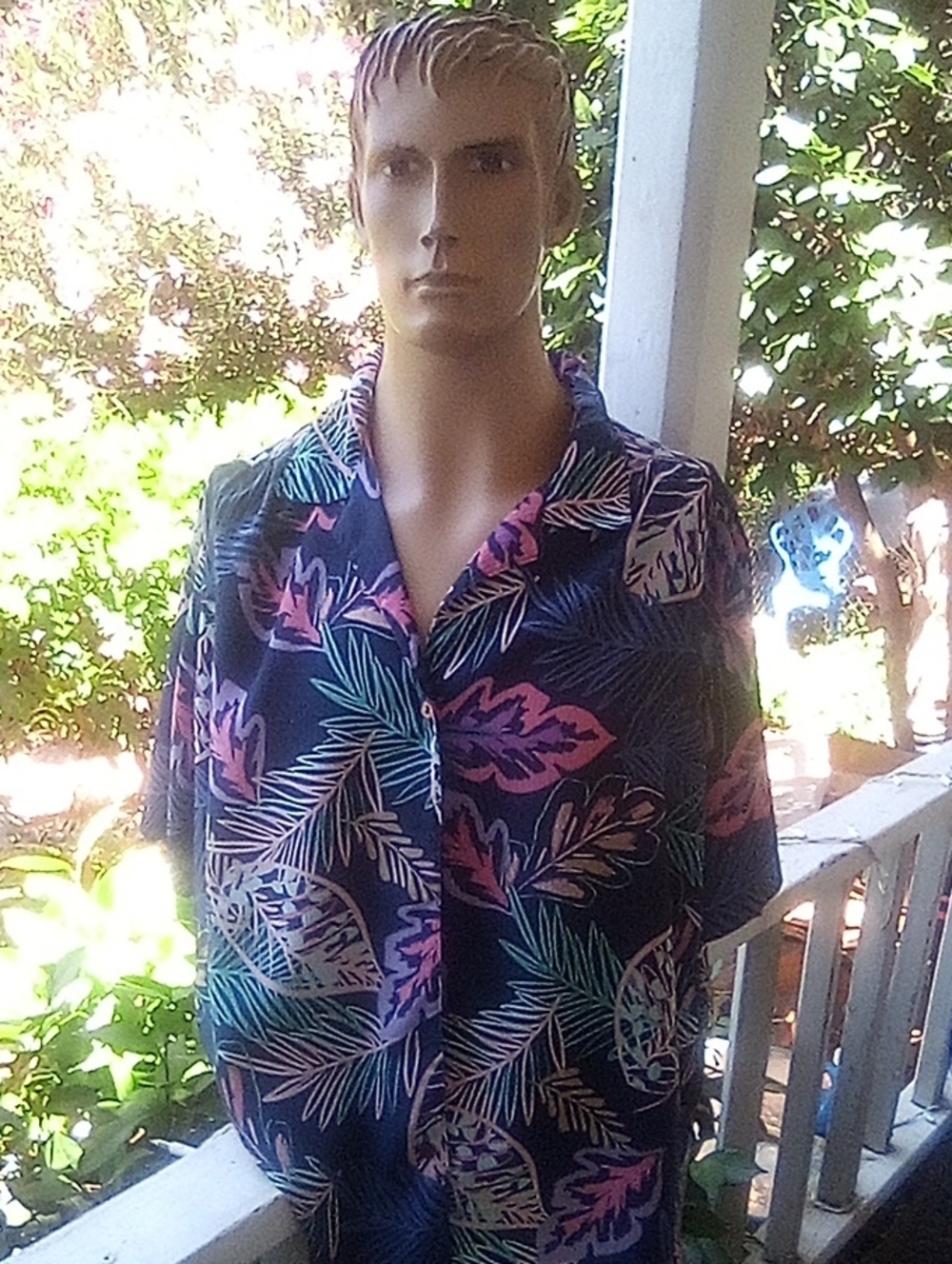 Men's Tropical Print Short-Sleeve Shirt in Black with Pink & Teal Leaves. Unisex